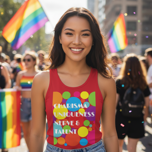 Charisma Uniqueness Nerve & Talent unisex tank top on a smiling person at Pride, with rainbow flags, queer style