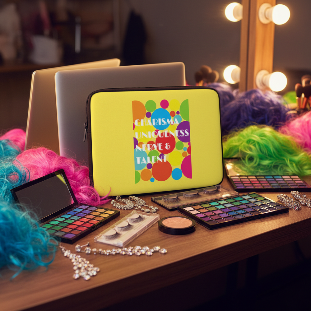 Charisma Uniqueness Nerve & Talent laptop sleeve in front of a lit vanity with bright wigs, makeup, rhinestone jewelry