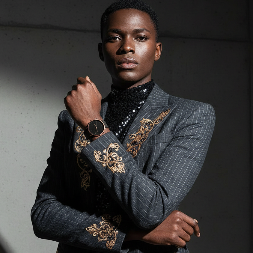 Person in a pinstriped grey suit with gold embroidery, black turtleneck with white dots
