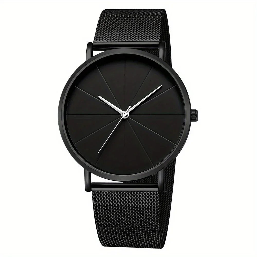 Front-facing black wristwatch with a round geometric dial, silver hands, and mesh metal band