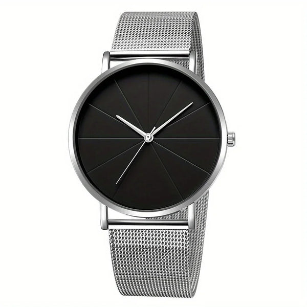 Front-facing silver mesh-band watch with a black, numberless geometric dial and slim hands