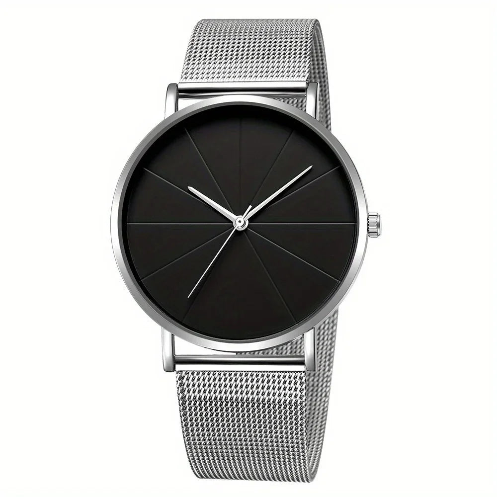 Front-facing silver mesh-band watch with a black, numberless geometric dial and slim hands