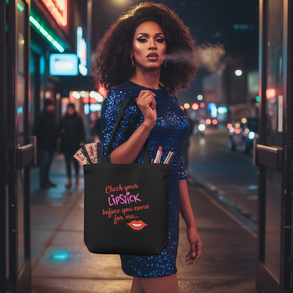 Person in a blue sequined dress holds a black lipstick slogan tote on a city street at night