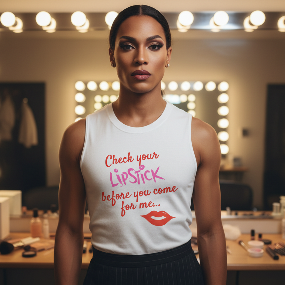Sleeveless white Check Your Lipstick Muscle Top with “Check your lipstick before you come for me…” and red lips graphic