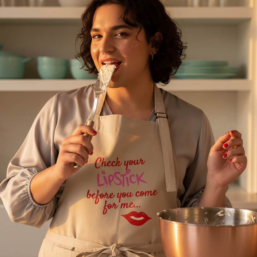 Person wearing a beige apron reading “Check your Lipstick before you come for me...” while tasting batter