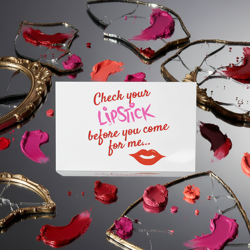 Check Your Lipstick Postcard with “Check your lipstick before you come for me…” in bold red and pink