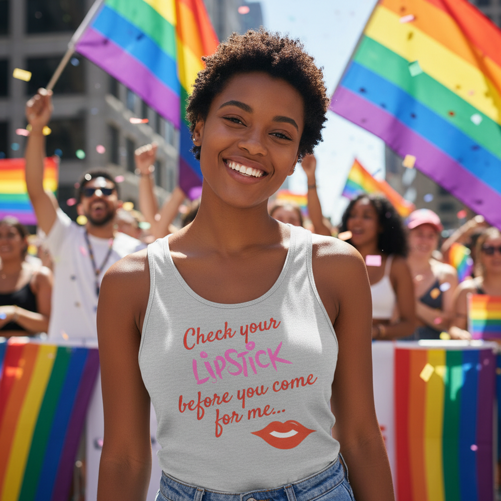 Check Your Lipstick Unisex Tank Top on a smiling person at a pride parade
