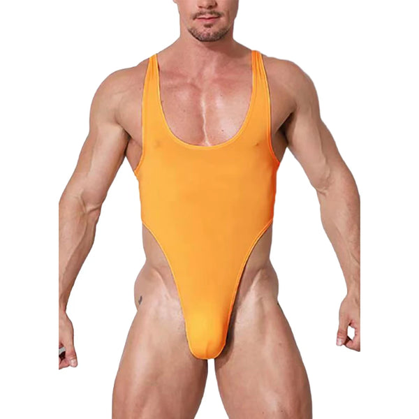 Front-view model wearing a bright orange, low-cut cheeky bodysuit