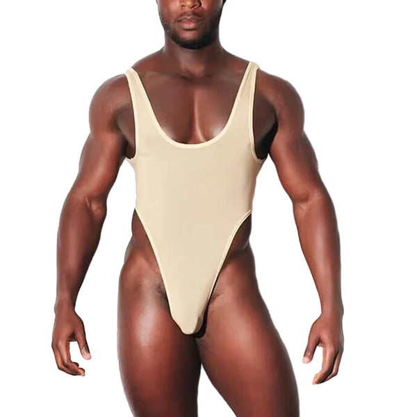 Front view of a model wearing a beige high-cut, low-back-style shaping bodysuit