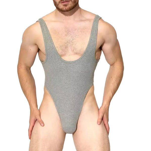 Front view of a person wearing a gray low-cut, high-leg cheeky bodysuit