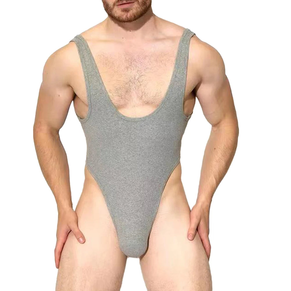 Front view of a person wearing a gray low-cut, high-leg cheeky bodysuit