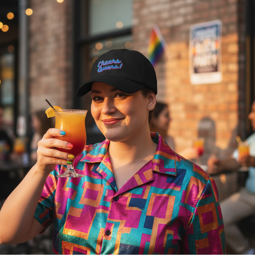 Cheers Queers! cap on a person in a vibrant geometric shirt, cocktail in hand, rainbow pride flag bright on brick wall