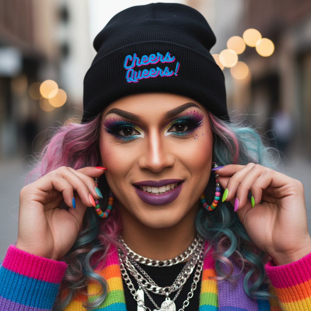 Cheers Queers! Cuffed Beanie on a person with pastel curls, rocking bold makeup, rainbow hoops, layered chains