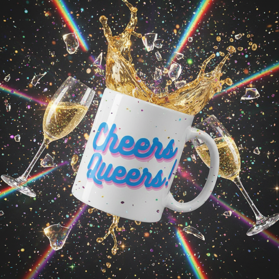 White Cheers Queers mug amid champagne glasses, confetti, gold splashes, and rainbow beams