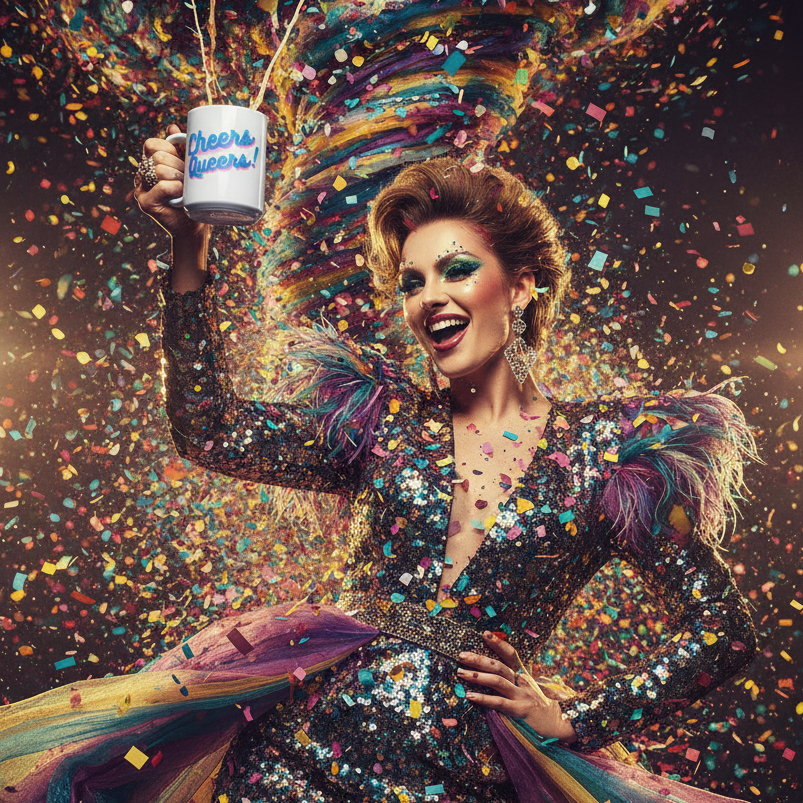 Close-up of a drag performer holding a white “Cheers Queers!” mug amid colorful confetti