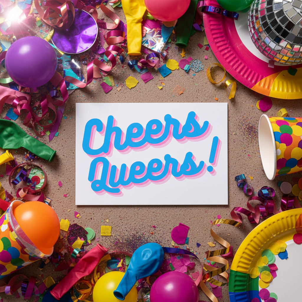 Cheers Queers! postcard with bold blue and pink text, surrounded by party vibes: balloons, confetti, a disco ball