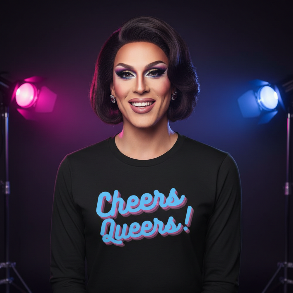 Cheers Queers! unisex long sleeve tee with “Cheers Queers!” in bold pink and blue