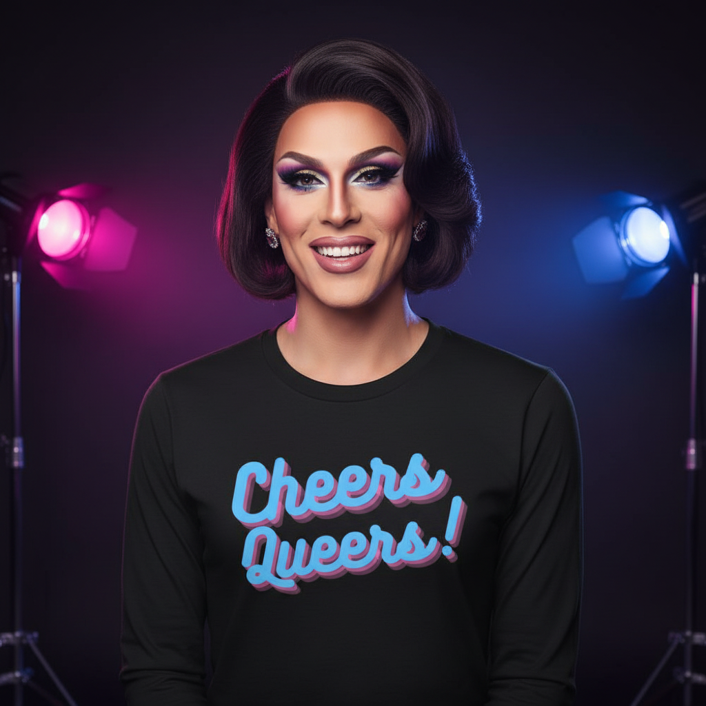 Cheers Queers! unisex long sleeve tee with “Cheers Queers!” in bold pink and blue