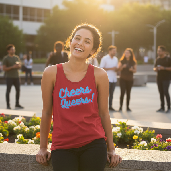 Cheers Queers! unisex tank top with bold blue lettering