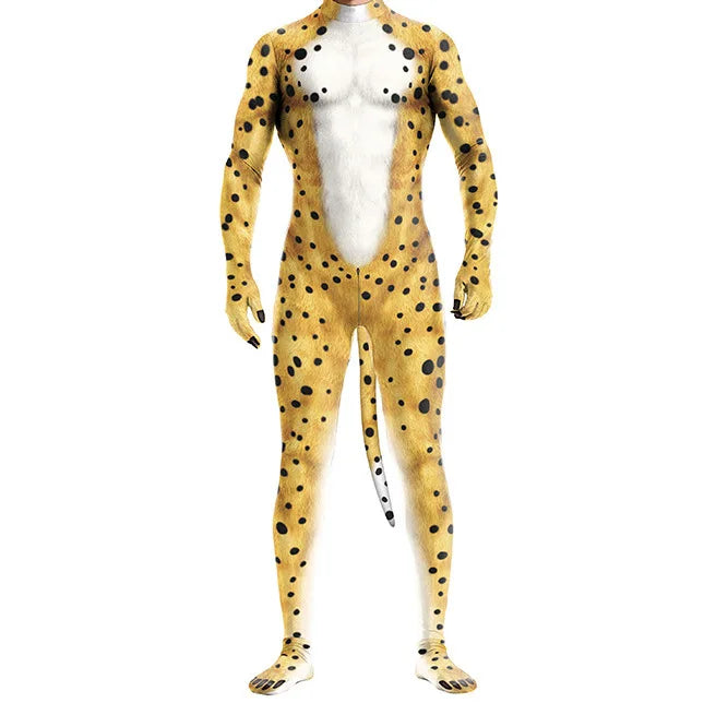Front-facing model in a yellow spotted cheetah-print bodysuit with white chest and tail