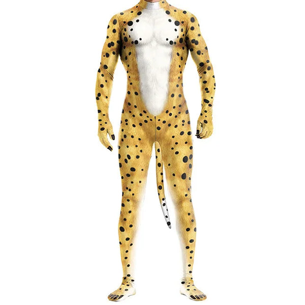 Front-facing model in a yellow spotted cheetah-print bodysuit with white chest and tail