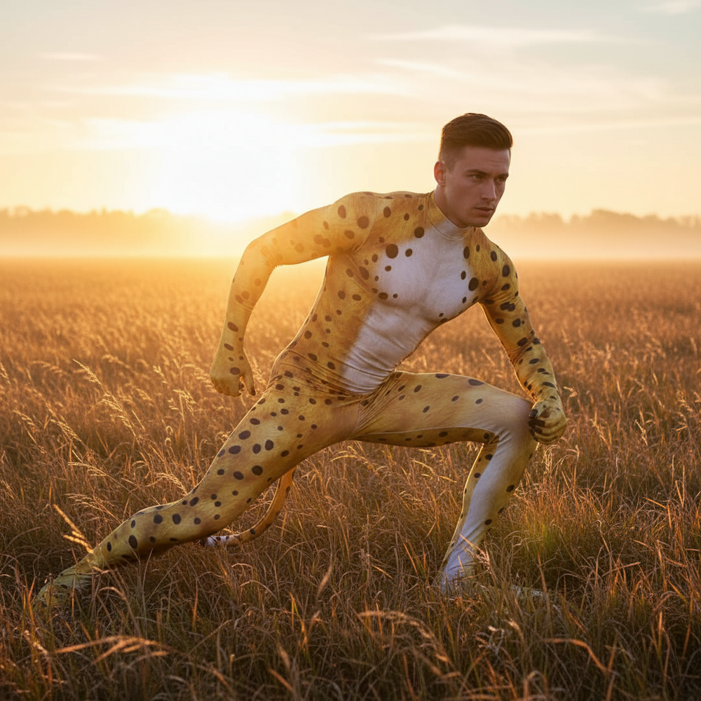 Person crouching in a spotted cheetah-print bodysuit with a long tail in a sunlit field