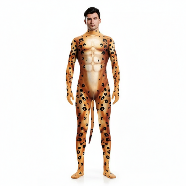 Front-facing model wearing a full-body cheetah-print zentai suit with attached tail