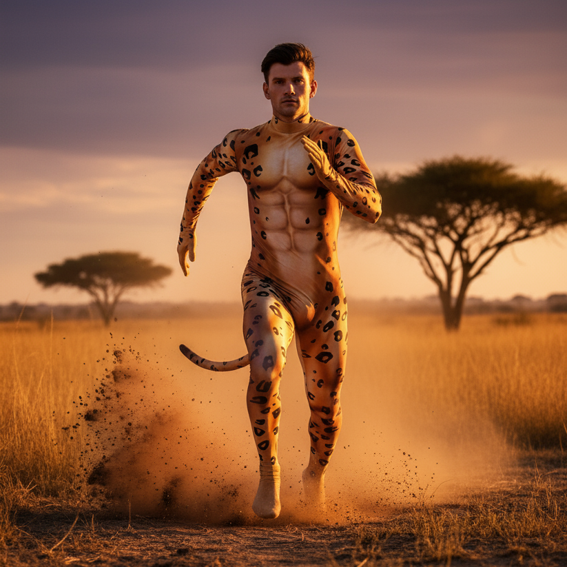 Front-facing person runs through a dusty grassland in a full cheetah-print bodysuit with tail