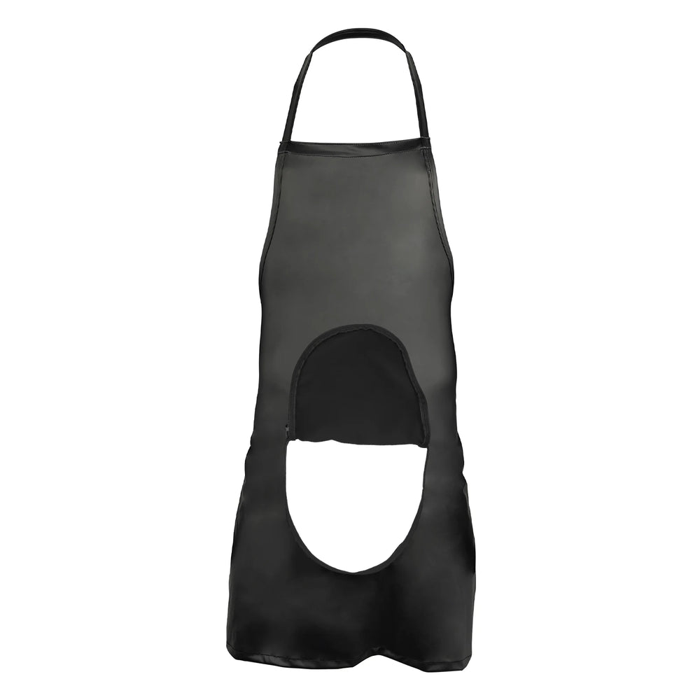 Front view of a black faux-leather apron with a large oval cutout and neck strap