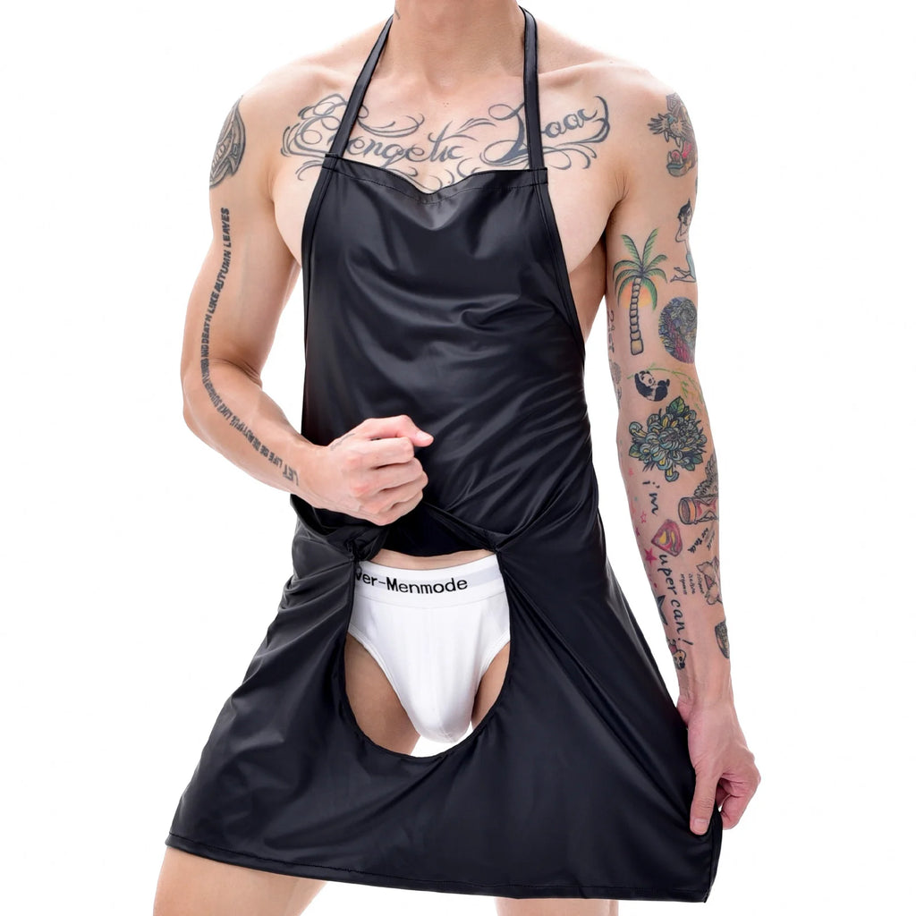 Front-view model wearing a shiny black apron with a large front opening over white briefs