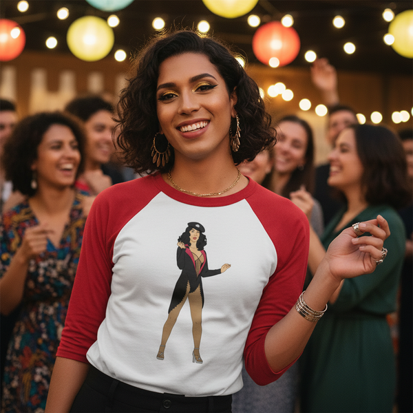 Cher Burlesque 3/4 Sleeve Raglan Shirt in red and white, featuring a showgirl graphic