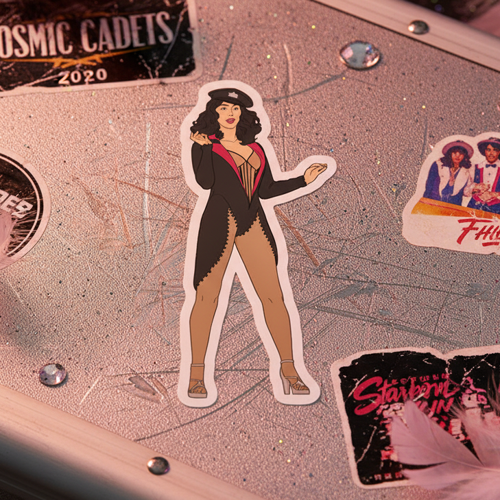 Bubble-free sticker featuring a femme in black and gold burlesque attire on glittery pink