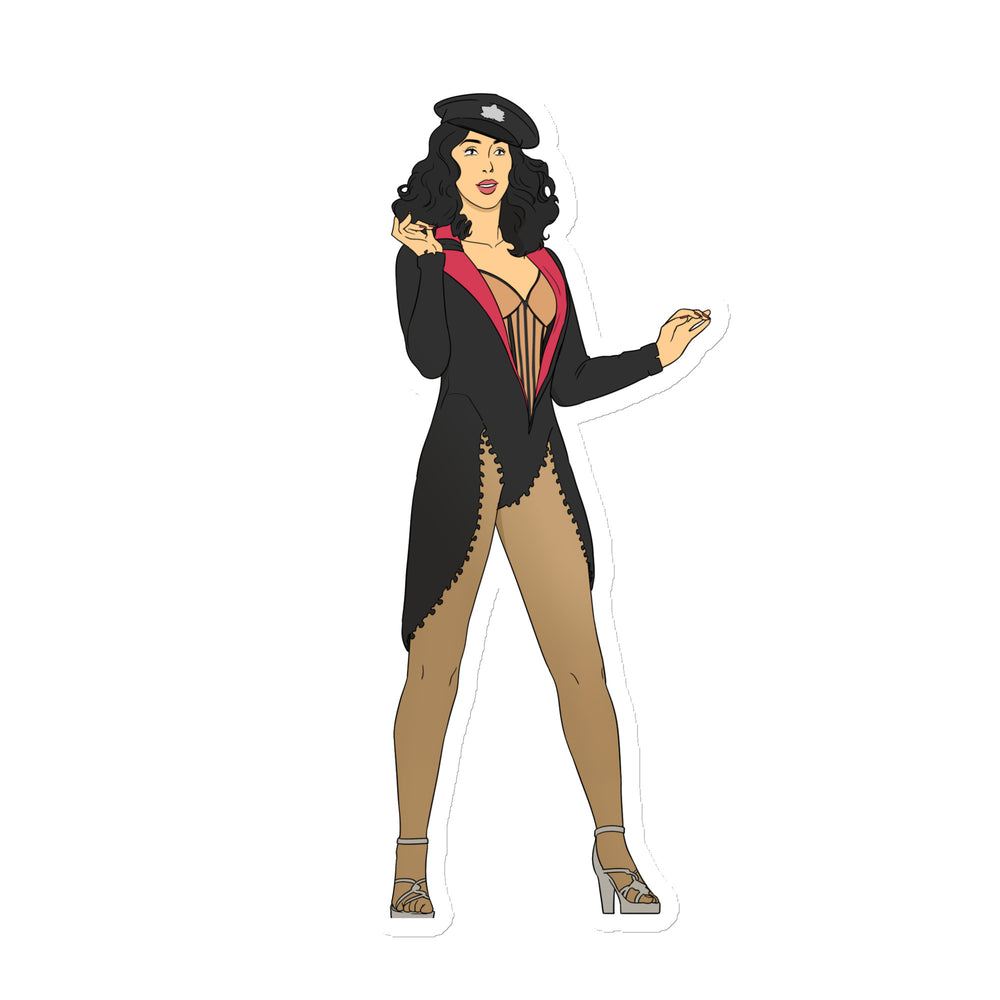 Full-length burlesque illustration of a woman in a black coat, red lapels, corset, hat, and heels