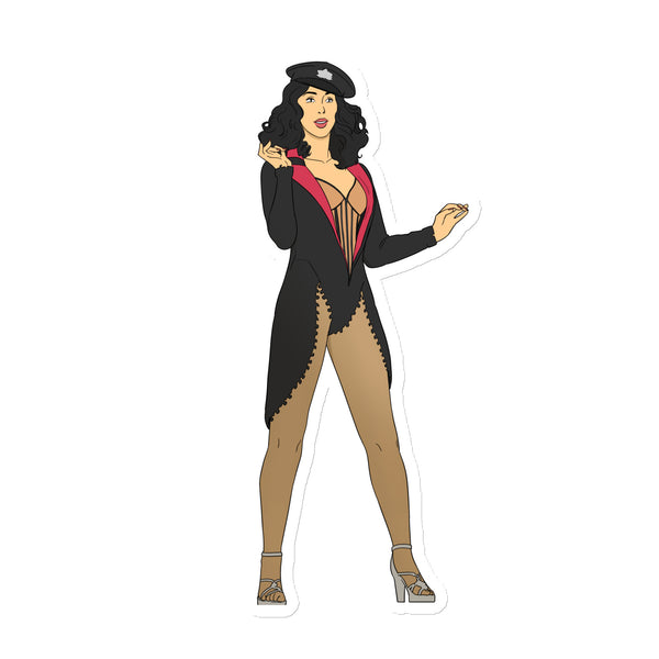 Full-length burlesque illustration of a woman in a black coat, red lapels, corset, hat, and heels