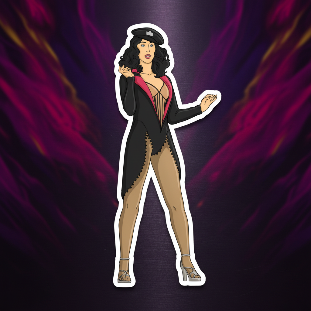 Cher Burlesque Magnet with a cartoon woman in black hat, long blazer, and red corset; ideal queer home décor or gift.