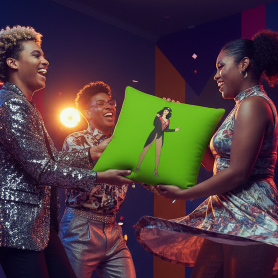 Three people in vibrant partywear dance, holding a Cher Burlesque Pillow with a person in black