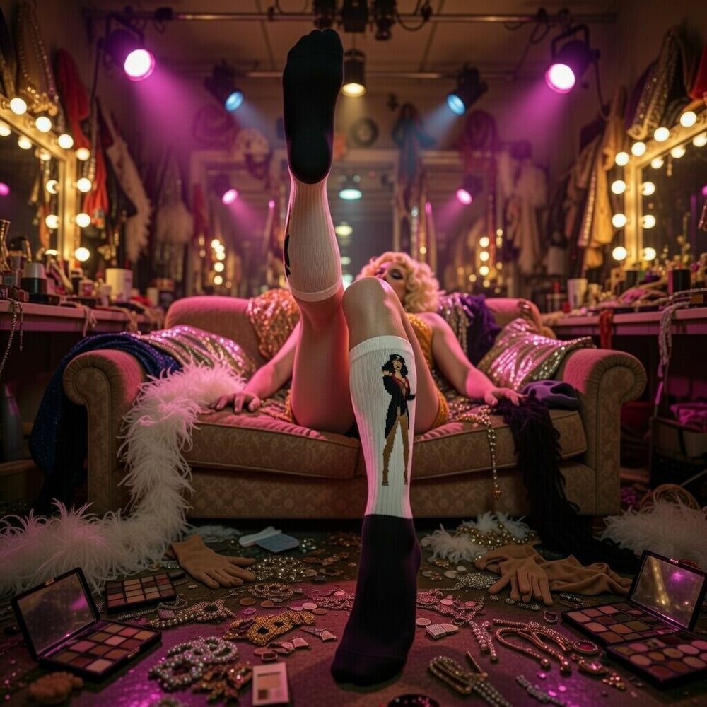 Cher Burlesque Socks in view as a person lounges on a messy couch