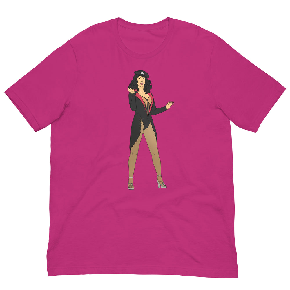 Flat-lay fuchsia T-shirt with a central illustration of a woman in burlesque attire