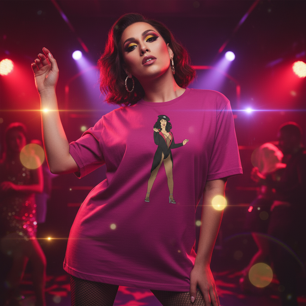 Oversized Cher Burlesque T-shirt with cartoon performer, fishnet tights, hoop earrings