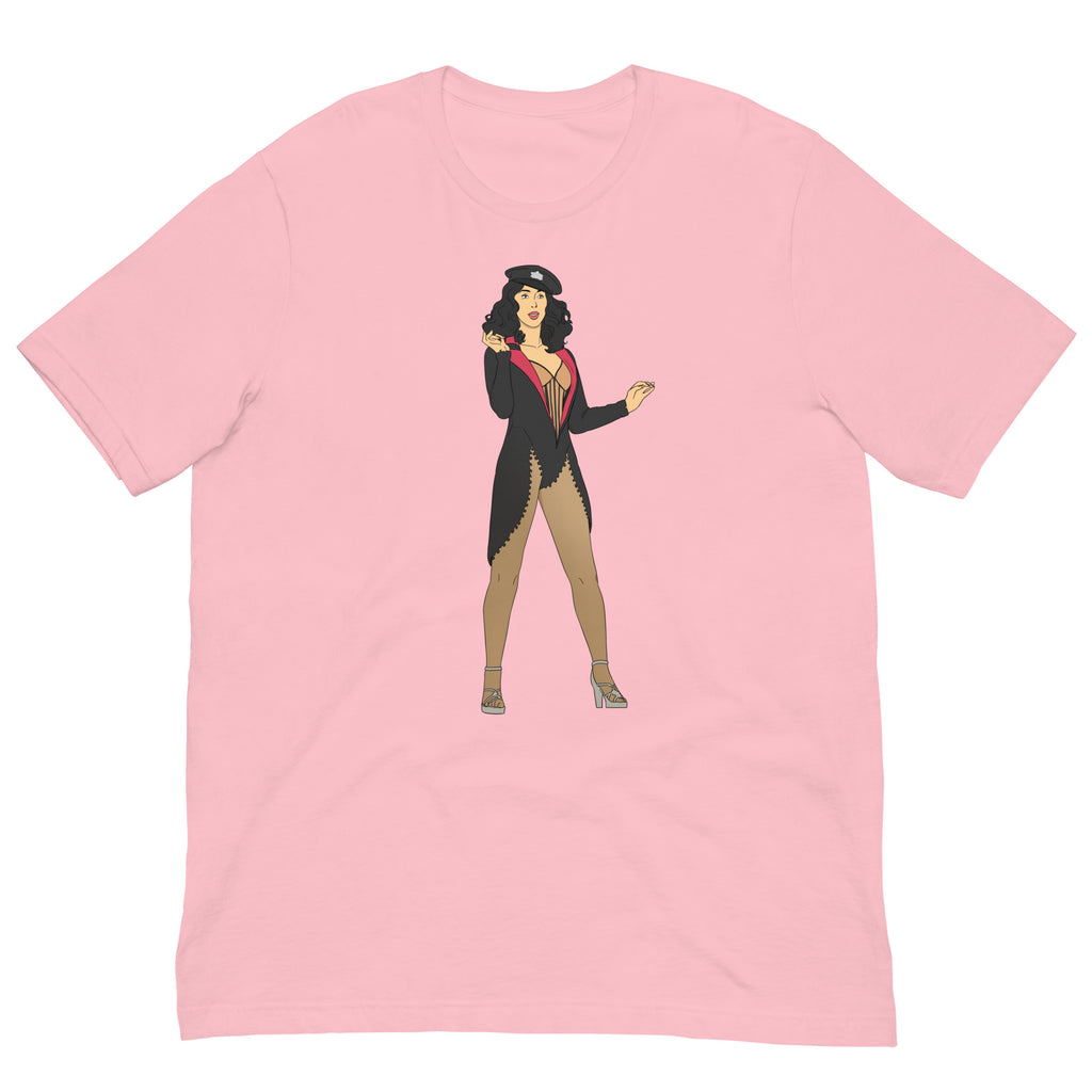 Front view of a pink T-shirt with a central illustration of a burlesque performer