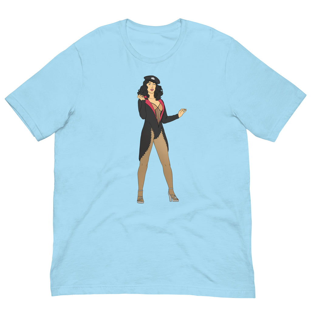 Light blue T-shirt with a centered illustration of a burlesque performer in black and red