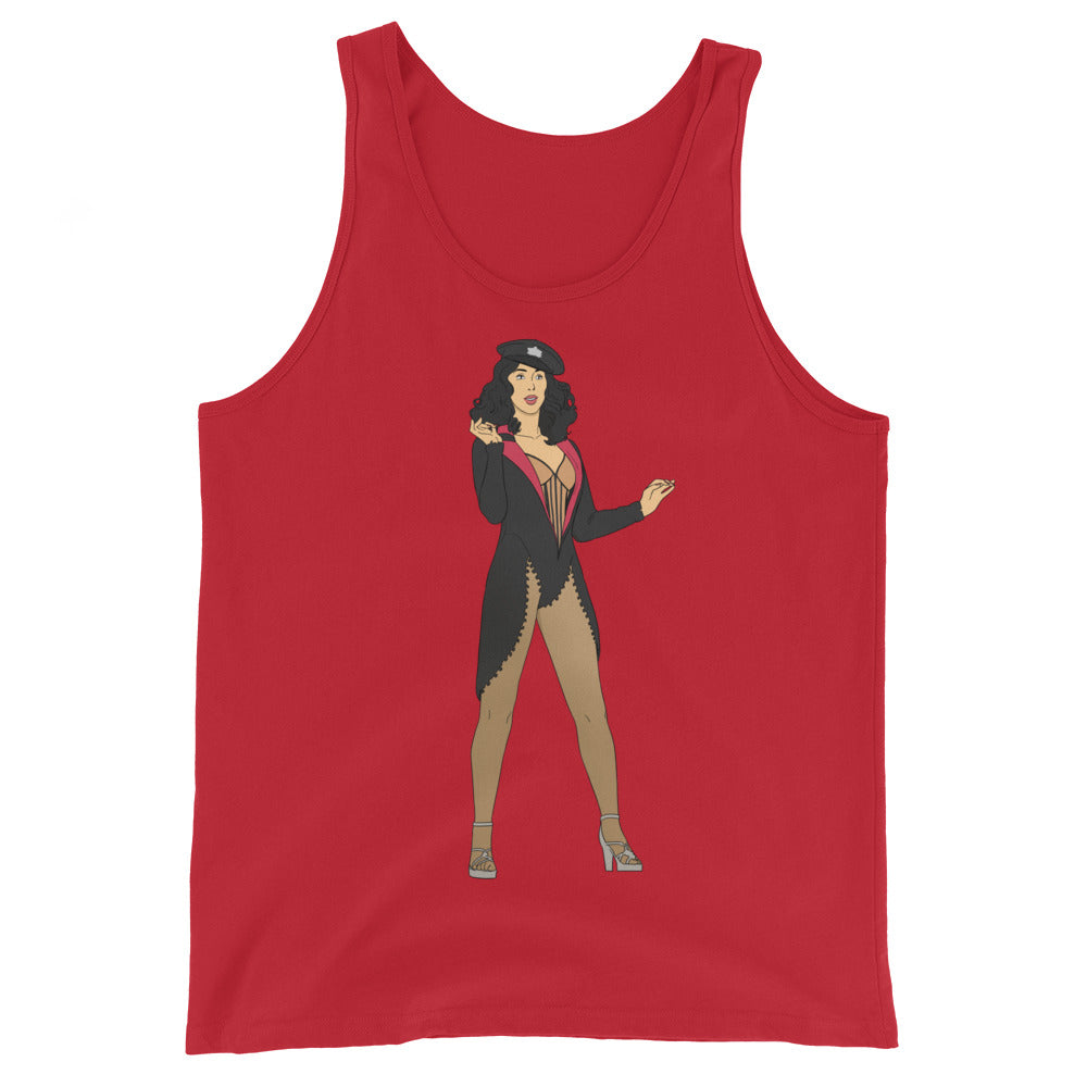 Cher Burlesque Unisex Tank Top with an illustrated femme in a black top hat, tails jacket, pink corset, silver heels