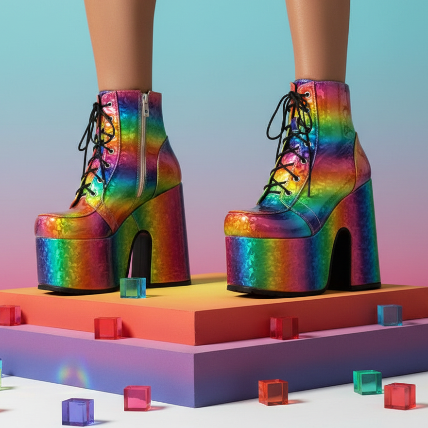Rainbow platform heels with chunky black laces, worn by a person standing on foam blocks