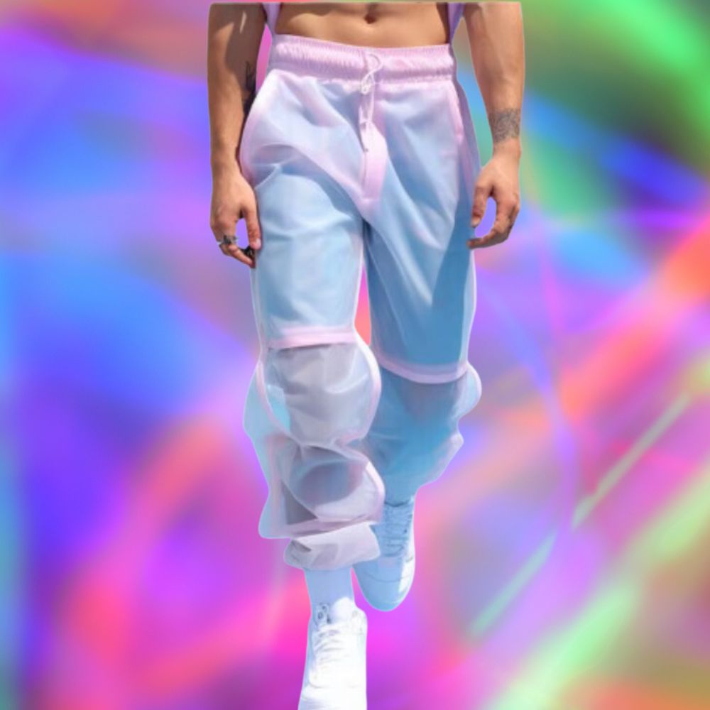 Front view of a model wearing pastel translucent jogger pants with gathered knee panels