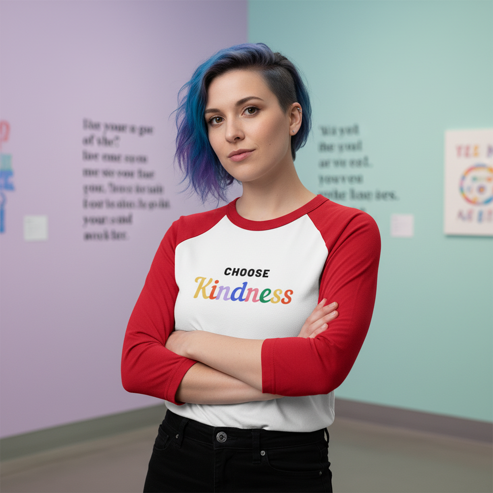 Choose Kindness 3/4 Sleeve Raglan Shirt worn by a person with short blue and purple hair