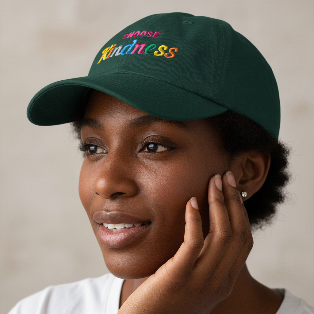 Dark green dad hat with "Choose Kindness" in colorful embroidery, worn by a person with short curls, white top