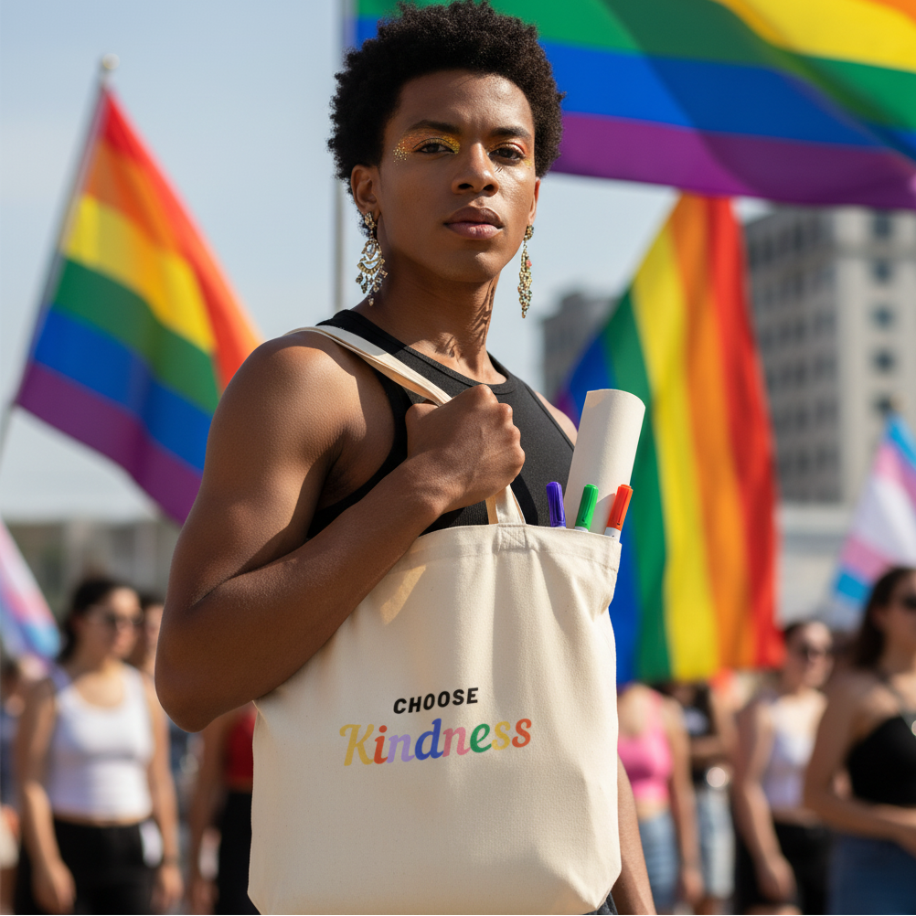 Person carrying a cream tote reading “CHOOSE Kindness” at a Pride parade