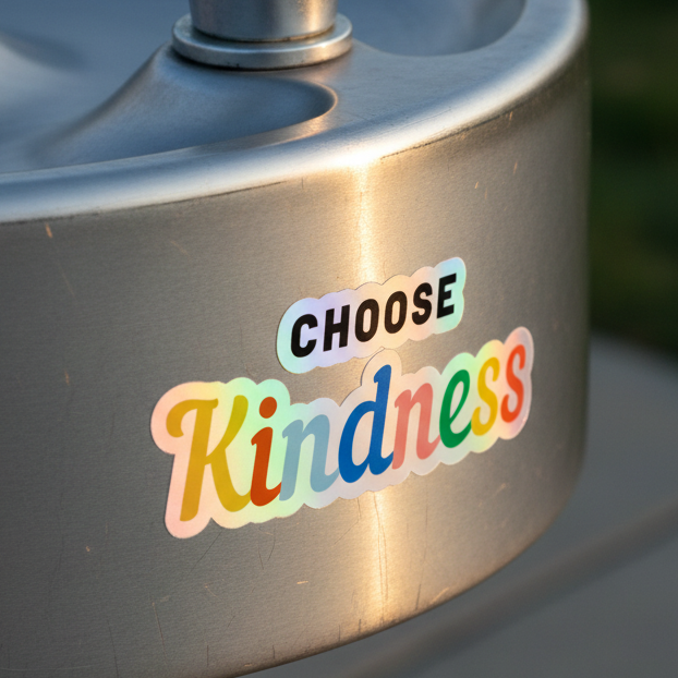 Choose Kindness holographic sticker in bold rainbow letters pops on a metal drinking fountain