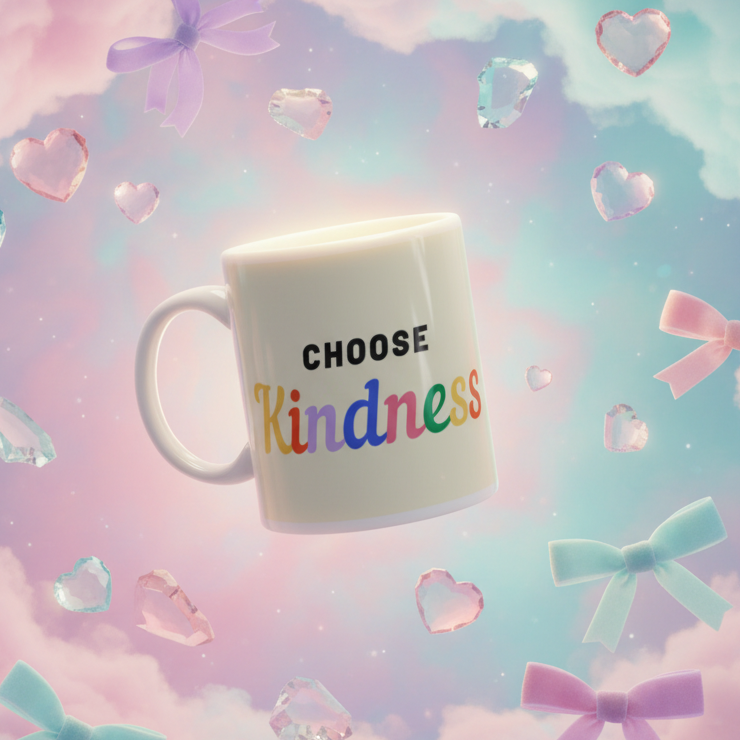 White mug tilted in a pastel sky scene with colorful “CHOOSE Kindness” lettering