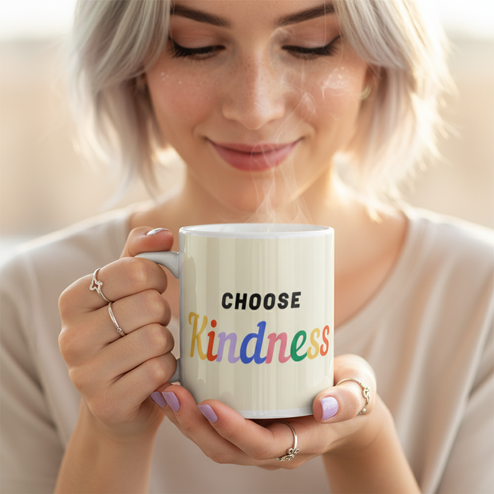 Smiling person holding a steaming white mug reading “CHOOSE Kindness” in multicolored lettering